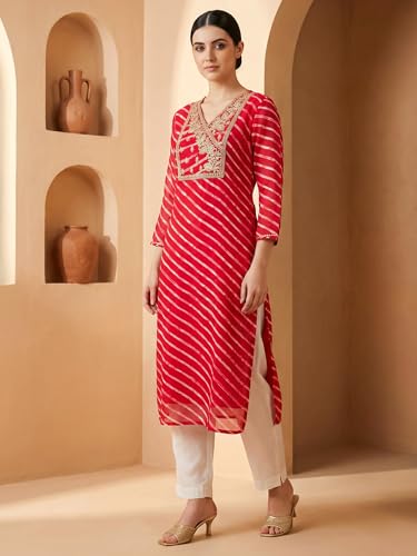 Image of INDO ERA Women's Georgette Leheriya Printed Straight Calf Length Kurtas (IEAI12232)