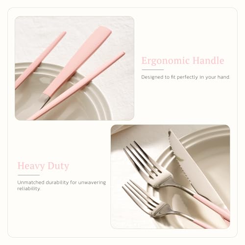 Image of Astercook Silverware Set with Steak Knives 24-Piece Flatware Set for 4 Food-Grade Stainless Steel Pink Cutlery Set Mirror Polished Utensils Set Include Spoons and Forks for Home Kitchen Restaurant