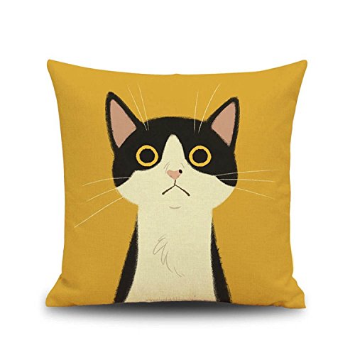 YOUR SMILE Yellow Cat Square Cotton Linen Decorative Throw Pillow Case Cushion Cover Pillowcase for Sofa 18 x 18 Inch