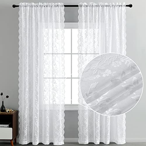 Finecity White Lace Curtains 63 Inch Length, Country Branch Leaf Scalloped Floral Lace Sheer Curtains For Bedroom, Privacy Vintage Lace Curtain Panels For Windows, 52 X 63 Inch, White, 1 Pair #TOP1