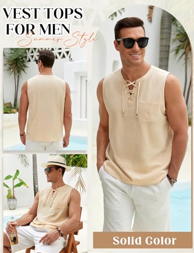 Lonya Men's Vests Tops Summer Cotton Beach Tank Top Sleeveless Tshirt for Casual Home Holiday Travel Khaki,S - Image 2