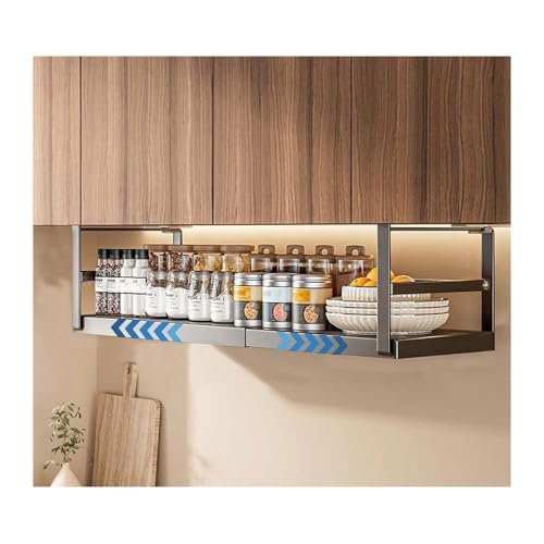 Under Shelf Hanging Spice Organizer - Adjustable Telescopic Storage Rack with Shallow Baskets for Maximizing Kitchen Space