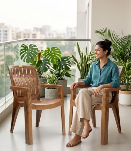 Image of Plastic Chair Set of 2 for Home & Outdoor Use | Heavy Duty Comfortable Chair with Strong Legs | Easy to Clean | Suitable for Living Room, Balcony (Pack of 2-Spino | Sandalwood)