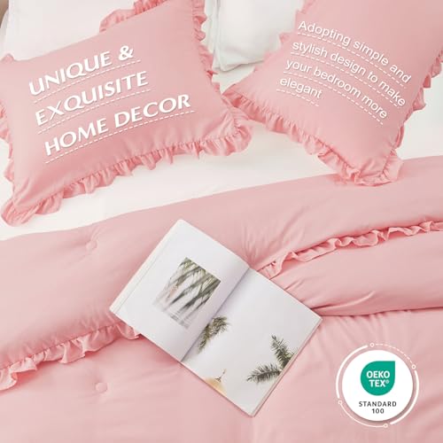 Image of HARBOREST Queen Comforter Set - Pink Ruffle Comforter for Queen Size Bed, Fluffy Comforter Set, 3 Pieces Shabby Chic Bedding with 1 Comforter & 2 Pillow Shams
