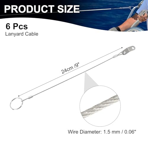 Image of MECCANIXITY Lanyard Cable Safety Tether Wire 9 Inch 316 Stainless Steel Quick Release Pin Lanyard for Loss Prevention One Loop with Quick Release Ring (Silver, Pack of 6)