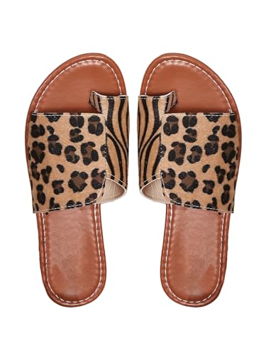 GORGLITTER Women's Leopard Cheetah Print Flat Sandals Open Toe Toe Ring Slides Shoes
