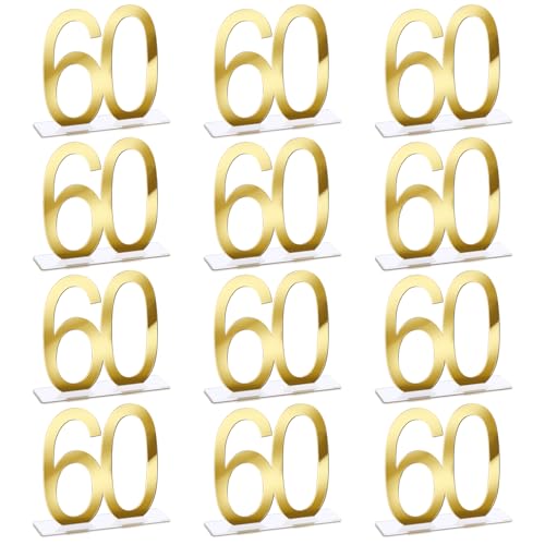 Image of Threehoney 12 Pcs Mirror Gold 60th Birthday Decorations for Men and Women Acrylic Anniversary Decorations Table Numbers Centerpieces for Birthday Party