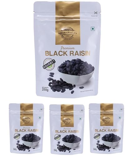 Image of KHARAWALA'S Afghani Black Raisins with Seeds - Pack of 4 (250gm Each) | Kali Kishmish | Munakka | Dry Fruits | Premium Abjosh | Healthy Nuts