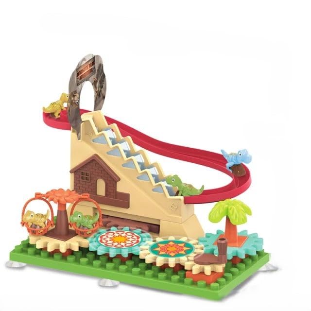Dinosaur Climbing Stairs Marble Run Kids Building Blocks DIY Toys, Dino Race Track Play Set with Gear Educational Toy Gift for Boys and Girls-image-5