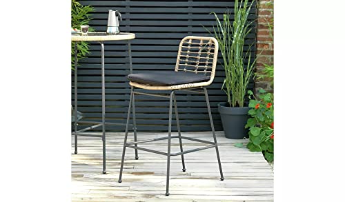 Image of OUTLIVING Rattan Wicker Outdoor Bar Patio Round Table with 2 Cushion Chairs Set for Home Graden Balcony 2 Seater Bar Patio Furniture (Black)