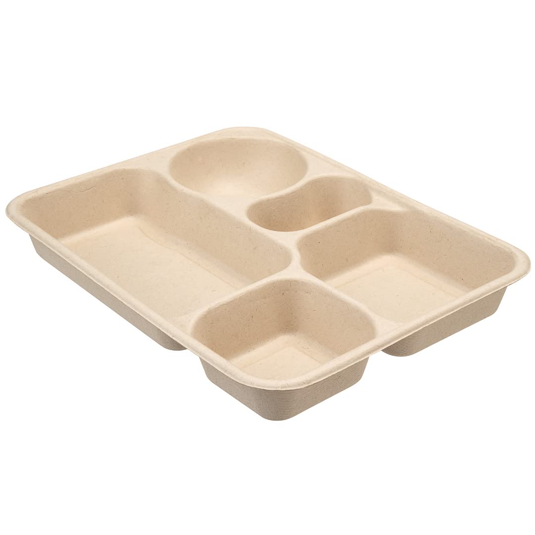 Restaurantware Pulp Tek - Recipientes de 1,219.0 g para llevar, 100 recipientes sostenibles, tapas se venden por separado, 5 compartimentos, platos de bagazo hechos de fibras de caña de azúcar, aptos