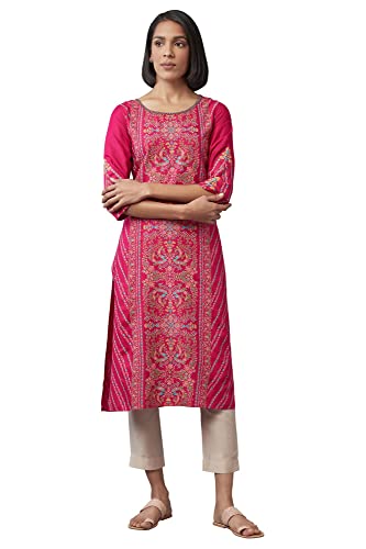 Image of W for Woman Viscose Women Dark Floral Pleated Regular Kurta in Round Neck