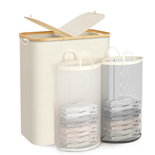 Image of joycloth 140L Laundry Hamper with Lid, Double Section Laundry Baskets with Bamboo Handle and Removable Laundry Bags, Foldable Clothes Divided Organizer Hamper for Bedroom/Bathroom/Laundry Room, Beige