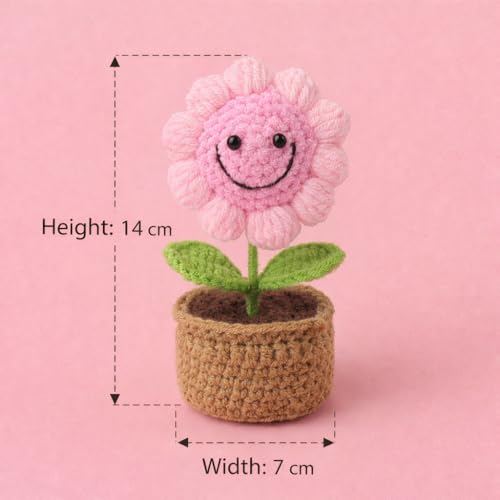 Image of 14CM Height Handmade Crochet Smiling Flower Pot for Home & Office Decor, Cute Aesthetic Desk Showpiece, Positive Vibes Table Decor, Thoughtful Gift for Friends & Loved Ones (Joy Bloom Pink)