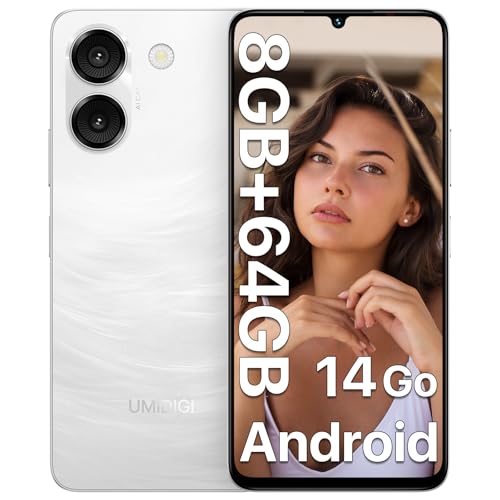 UMIDIGI G9A Mobile Phones, Android 14 Go Smart phone, 6.75 HD Display, 8(4+4) GB +64GB/1TB, 5000mAh, 13MP Camera Dual SIM 4G Phone Unlocked, Face ID Unlocked/GPS, White, New Version