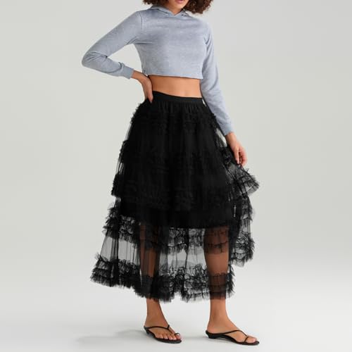 Women Long Tulle Tiered Skirt Fairy Skirt Tutu A-Line Sheer Mesh Layered High Elastic Waist Streetwear Skirts3