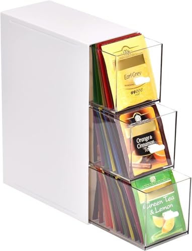 Zoutpy Teebeutel Aufbewahrung Teebox mit 3 Schubladen, Teebeutel Teehalter,Teebeutelboxen aus Kunststoff für Teebeutel, Zucker, Kaffeepads (Weiß)