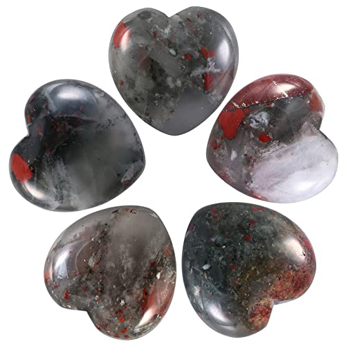 Nupuyai 5pcs Africa Bloodstone Crystal Heart Love Palm Worry Stone for Chakra Reiki Healing Carved Stone for Home Decoration 2.5cm