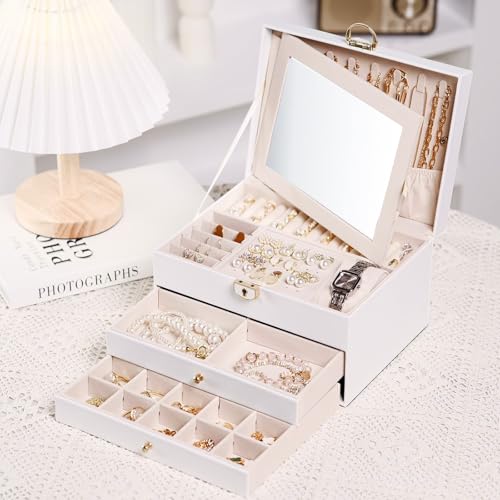 Boite a Bijoux Femme,Coffret à Bijoux,Grande Boîte à Bijoux 3 Niveaux,2 Tiroirs avec Miroir et Serrure Et Clé,Cuir Synthétique,Bote Rangement Bijoux pour Bagues Bracelets,Boucles D'oreilles,Colliers