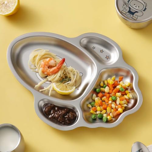 Image of Basil Stainless Steel Plate for Kids - Kids Plates for Food with 4 Compartments - Dinner Plates for Baby - Unbreakable Dinner Plates - Ideal for Birthday, Return Gifting - BPA-Free - Rocket Plate Dino
