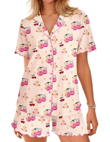 Image of Ekouaer Button Up Pajamas Set for Women Short Sleeve Ribbed Knit Sleepwear 2 Piece Pjs Shorts Set