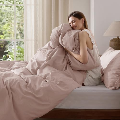 Bedsure 100% Washed Cotton Duvet Cover Queen Size - Petal Pink Minimalist Cotton Duvet Cover Linen Like for All Seasons - GentleSoft™ Plain Simple Bedding (Petal Pink, Queen, 90"x90")