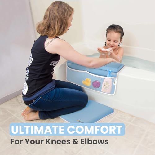 Image of Bath Kneeler and Elbow Rest Pad Set - Baby Bath Kneeler, Bathtub Kneeling Pad, Kneeling Pad for Bathing Baby, Knee & Elbow Saver with 4 Toy Organizer Pockets, (Blue, Large (22 Inches x 13 Inches))