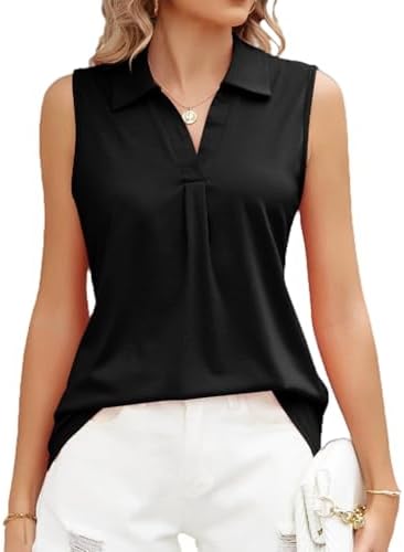 Women Lapel Sleeveless T-Shirt V Neck Basic Tank Tops Casual Vest Solid Color Loose Fit Comfy Top High Elastic Shirts