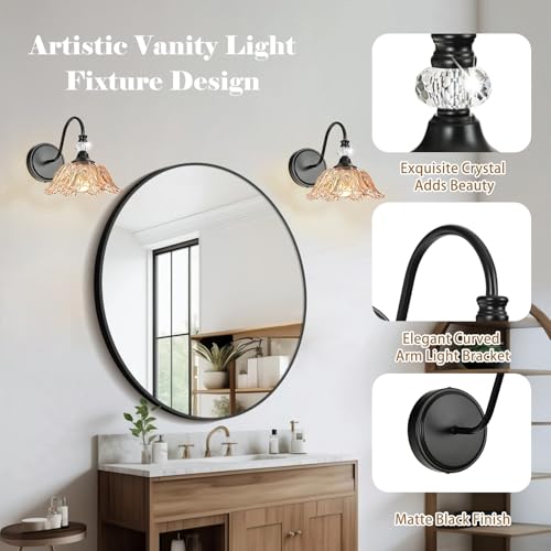 Image of Black Wall Sconces with Floral Amber Glass Shades, Black Farmhouse Wall Mount Lighting for Bathroom,Vintage Bathroom Vanity Light Fixtures