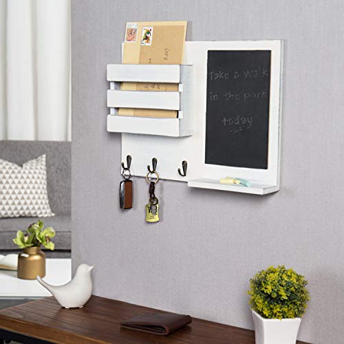 Mygift HOM1652WHTVT Wall Mounted Vintage White Solid Wood Mail And Key Holder Organizer Rack With Chalkboard Memo Board And 3 Key Hooks thumb #1