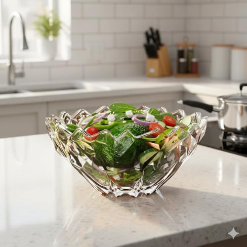 Image of Decorative Crystal Glass Fruit Bowl 12 Inch Set of 1, Elegant Diamond Cut Design Serving Centerpiece for Dining Table, Kitchen Counter, or Living Room