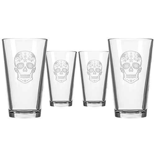 Rolf Glass Etched Sugar Skull Pint Glass (Set of 4), 16 oz, Clear