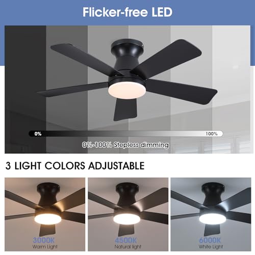 Image of 41 inch Modern Black Low Profile Ceiling Fans with Lights and Remote | Flush Mount ,Super Large Airflow with 6 Wind Speeds, Reversible, Dimmable 3 CCT LED, 30W DC Motor,Suits for Bedroom Kidsroom
