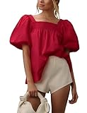 ICOBID Women Cute Square Neck Blouse Shirts Short Puff Sleeve T-Shirt Loose Fit Smocked Backless Summer Top Red, Small