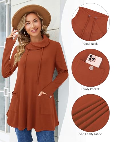 Bulotus Fall Sweaters for Women 2025 Cowl Neck Asymmetrical Long Tunics for Leggings Vacation Travel Tops with Pockets