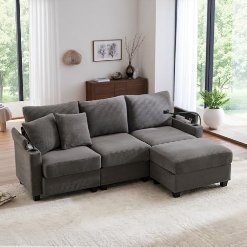 Vepssder - Sofá tapizado, moderno, sofá esquinero en L con reposapiés, portavasos, USB, soporte para teléfono, almacenamiento de reposabrazos y 2 almohadas, sofá de 3 plazas (C-gris + terciopelo