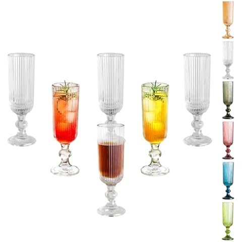 XKXKKE Glass Champagne Flutes, 6 Pcs Reusable Fancy Crystal Clear Champagne Glasses, 5 oz Colored Glass Elegant Party Drinking Cocktail Wine Glasses Wedding Birthday Bar Goblets Set of 6 Clear Cover