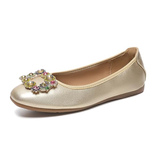 Unifizz Womens Soft Square Toe Ballet Flats Sparkly Rhinestone Comfort Slip on Flat Shoes