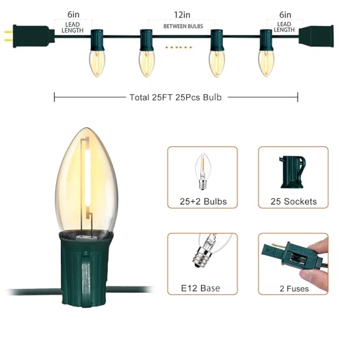 Image of 25FT C7 Christmas Lights Outdoor, Warm White LED String Lights with 25 Clear Bulbs for Roof Line, Fence, Xmas Trees Decor, Green Wire