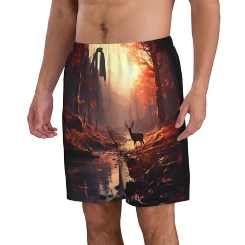 Deer in The Red Leaf Forest Men's Beach Pants-Quick-Dry & Comfortable Mens Beach Shorts for Men, Perfect for Surfing and Everyday Wear2
