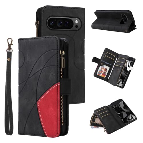 Étui compatible Google Pixel 7 Pro bleu portefeuille double fermeture éclair cuir magnétique