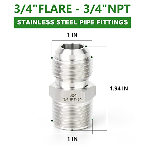 Image of TAISHER 2PCS Forging of 304 Stainless Steel Tube Flare Fittings, 3 /4 inch Male Flare x 3 /4 inch NPT Male, Half Union