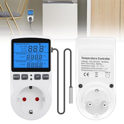 Temperaturregler Steckdose, 250V Digital Thermostat Steckdose mit Fühler, LCD Bildschirm Temperaturschalter mit Timer, Heizung Kühlung Thermostat Socket für Gewächshaus Kühlschrank Aquarium Reptilien