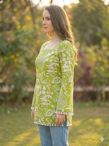 Image of Women's Premium Viscose Rayon Floral Printed Short Kurti | Stylish Bell Sleeves with Pom-Pom Lace | Teal Blue Tunic Top for Jeans & Office Wear
