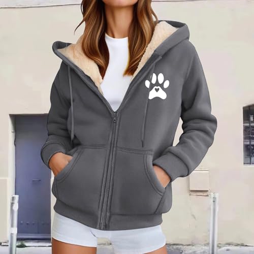 Generisch Unisex Kapuzenjacke mit Teddyfutter und Pfoten-Herz-Motiv - Gefütterte Fleece-Jacke mit Reißverschluss | Warme Winterjacke für Tierfreunde