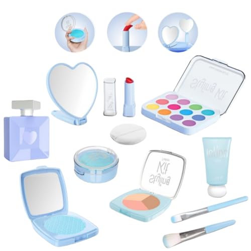 Lullaxx kids makeup kit toys for girl with Mirror Laptop Design Toddler/Kids Makeup Set toy Non-toxic Birthday Gifts for 3 4 5 6 7 8 9 10Years Old Girls 11pcs(Not Real Makeup) (Blue)