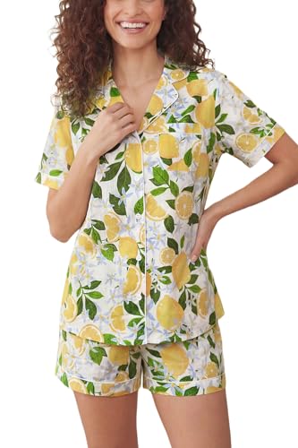Image of LUBOT 100% Cotton Pajamas for Women 2 Piece PJ Set Poplin Woven Lightweight Ladies Button Short Sleeve Sleepwear S-XXL