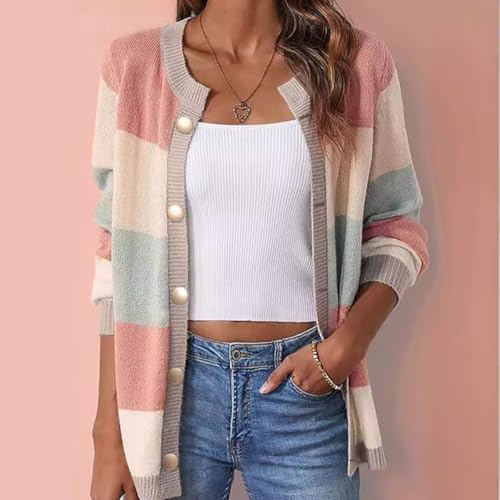 Color Block Cardigan Sweaters for Women 2024 Fall Trendy Button Up Striped Sweater Long Sleeve Knit Coats2