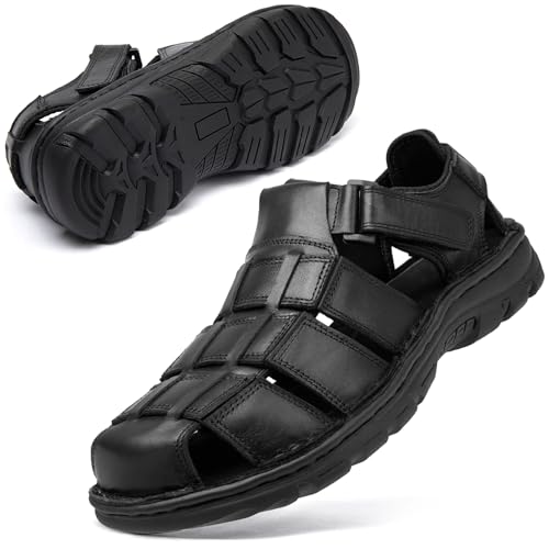 KOIMED Men's Fisherman Leather Sandals Summer Outdoor Sport Beach Hiking Casual Dress Sandles With Adjustable Back Strap Comfortable Memory Foam Closed Toe Black