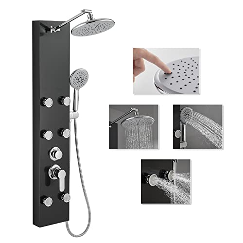 Rovate 304 Stainless Steel Rainfall Shower Panel Tower System Black Surface, Shower Tower System With Adjustable Shower Head, 6 Body Massage Jets And 5 Functions Handheld Shower, Wall Mounted #TOP3